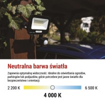 LED reflektor GLARO PIR 20 W, fekete, IP54, 2000 lm, természetes fehér