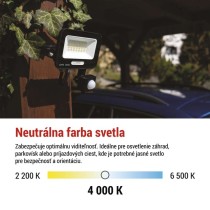 LED reflektor GLARO PIR 20 W, fekete, IP54, 2000 lm, természetes fehér