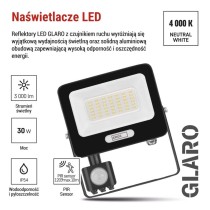 Naświetlacz LED GLARO PIR 30 W, czarny, IP54, 3000 lm, neutralna biel