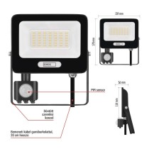 LED reflektor GLARO PIR 30 W, fekete, IP54, 3000 lm, természetes fehér