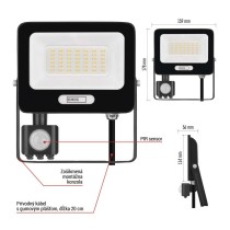 LED reflektor GLARO s pohybovým čidlom, 30 W, čierny, IP54, 3000 lm, neutrálna biela