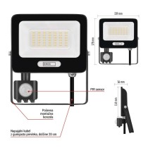 LED reflektor GLARO PIR 30 W, črni, IP54, 3000 lm, nevtralna bela