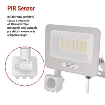 LED reflektor GLARO s pohybovým čidlom, 30 W, biely, IP54, 3000 lm, neutrálna biela