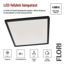 LED felületi lámpatest FLORI négyzet, fekete, 18W, semleges fehér