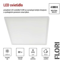 LED prisadené svietidlo FLORI štvorcový, biele, 22W, neutrálna biela