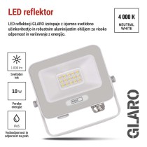 LED reflektor GLARO 10W, bel, IP65, 1000 lm, nevtralna bela