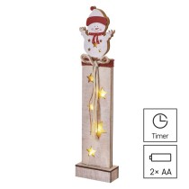 LED dekorace dřevěná – sněhulák, 46 cm, 2x AA, vnitřní, teplá bílá, časovač