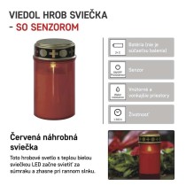 LED náhrobná sviečka červená, 2x C, vonkajšia aj vnútorná, teplá biela, senzor
