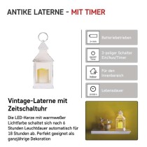 LED Dekoration – Laterne antik weiß blinkend, 3x AAA, Innen, Vintage, Timer