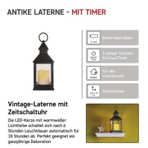 LED Dekoration – Laterne antik schwarz blinkend, 3x AAA, Innen, Vintage, Timer