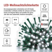 LED Weihnachtliche Lichterkette, 4 m, Außen/Innen, kaltweiß, Programme, Timer