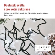 LED vánoční řetěz, 4 m, venkovní i vnitřní, studená bílá, programy, časovač