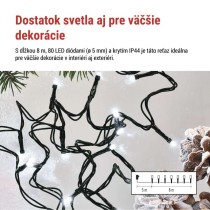 LED vianočná reťaz, 8 m, vonkajšia aj vnútorná, studená biela, programy, časovač