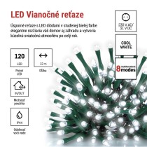 LED vianočná reťaz, 12 m, vonkajšia aj vnútorná, studená biela, programy, časovač