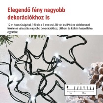 LED karácsonyi fényfüzér, 12 m, kültéri és beltéri, hideg fehér, progr, időz.
