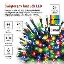 Lampki choinkowe Classic 80 LED 8m multikolor, zielony przewód, IP44, 8 programów, timer