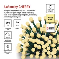 Lampki choinkowe 200 LED cherry 20m , ciepła biel, zielony przewód, IP44,8 programów, time