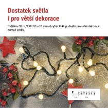 LED vánoční cherry řetěz – kuličky, 30 m, venkovní i vnitřní, teplá bílá, programy,časovač