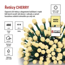 LED vánoční cherry řetěz – kuličky, 48 m, venkovní i vnitřní, teplá bílá, programy,časovač