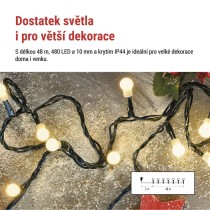 LED vánoční cherry řetěz – kuličky, 48 m, venkovní i vnitřní, teplá bílá, programy,časovač