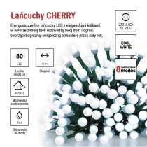 Lampki choinkowe 80 LED cherry 8m , zimna biel, zielony przewód, IP44, 8 programów, timer