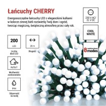 Lampki choinkowe 200 LED cherry 20m , zimna biel, zielony przewód, IP44, 8 programów, time