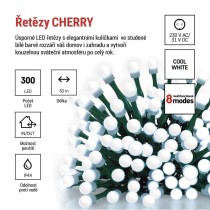 LED vánoční cherry řetěz – kuličky, 30 m, venkovní i vnitřní,studená bílá,programy,časovač