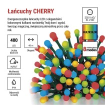 Lampki choinkowe 480 LED cherry 48m, multikolor, zielony przewód, IP44, 8 programów, timer