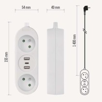 Prodlužovací kabel 1,4 m / 2 zásuvky+2×USB-A+1×USB-C / bílý / PVC / 1,5 mm2