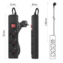 Pārsprieguma aizsargs – 3 kontaktligzdas, 1,5 m, melns