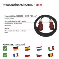 3 fázový venkovní prodlužovací kabel 20 m / 1 zásuvka / černý / guma / 400 V / 2,5 mm2