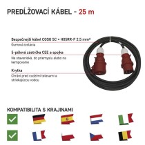 3 fázový vonkajší predlžovací kábel 25 m / 1 zásuvka / čierny / guma / 400 V / 2,5 mm2