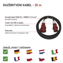 3 fazni zunanji podaljšek 25 m / 1 vtičnica / črni / guma / 400 V / 2,5 mm2