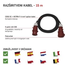 3 fazni zunanji podaljšek 15 m / 1 vtičnica / črni / guma / 400 V / 4 mm2