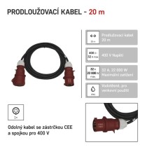 3 fázový venkovní prodlužovací kabel 20 m / 1 zásuvka / černý / guma / 400 V / 4 mm2