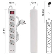 Hosszabbító 3 m / 5 aljzat / kapcsolós / fehér / 1× USB-A + 1× USB-C  / 1,5 mm2