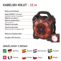 Zunanji kolutni podaljšek 15 m / 4 vtičnice / guma-neopren / 230V / 1,5 mm2 z reflektorjem