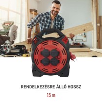 Kültéri kábeldob 15 m / 4 aljzat / gumi-neoprén / 230 V / 1,5 mm2 LED fényvisszaverővel