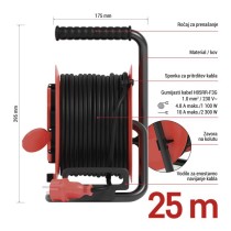 Zunanji kolutni podaljšek 25 m / 4 vtičnice / črni / guma / 230V/400V / 1,0 mm2