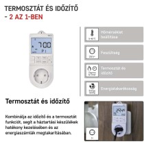 2 az 1-ben konnektoros, digitális termosztát időzítő funkcióval, schuko