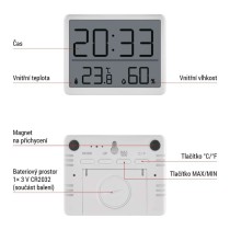Digitální teploměr s vlhkoměrem, bezdrátové čidlo, budík, datum E6210