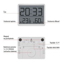 Digitálny teplomer s vlhkomerom, bezdrôtový snímač, budík, dátum E6210