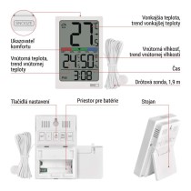 Digitálny teplomer s vlhkomerom, drôtový snímač, budík E0558P