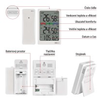 Digitální teploměr s vlhkoměrem, bezdrátové čidlo, budík, datum E0558W