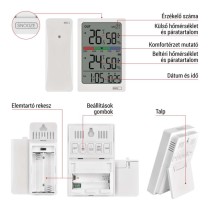 Digitális hőmérő páratartalom-mérővel, vezeték nélküli érzékelővel, óra, dátum E0558W