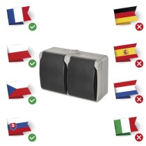 Zásuvka nástěnná dvojitá, šedo-černá, IP44