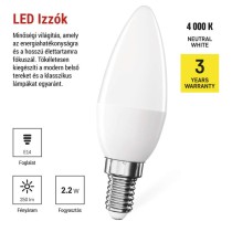 LED izzó Classic gyertya / E14 / 2,2 W (25 W) / 250 lm / Természetes fehér
