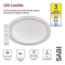 LED Deckenleuchte SABI, rund, 30W, dimmbar, warm/neut./kaltweiß