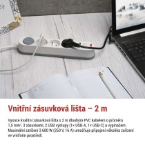 Prodlužovací kabel 2 m / 3 zásuvky / s vypínačem / bílo-šedý / 1×USB-A + 1×USB-C / 1,5 mm2