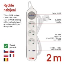 Prodlužovací kabel 2 m / 3 zásuvky / s vypínačem / bílo-šedý / 1×USB-A + 1×USB-C / 1,5 mm2